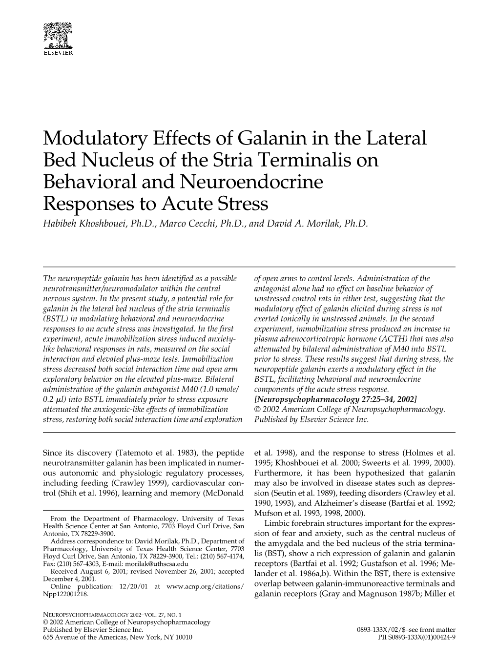 Modulatory Effects of Galanin in the Lateral Bed Nucleus of the Stria