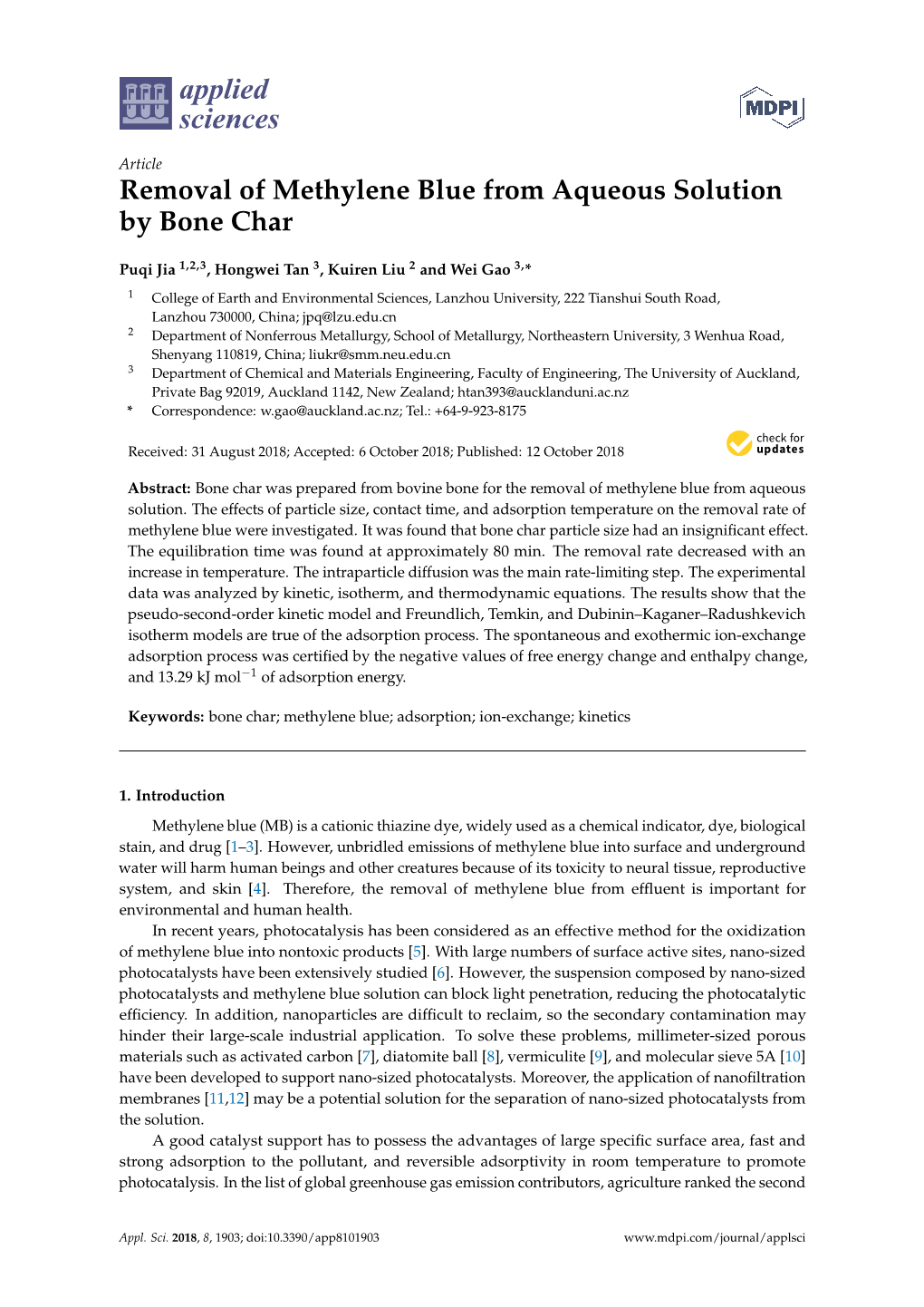 Removal of Methylene Blue from Aqueous Solution by Bone Char