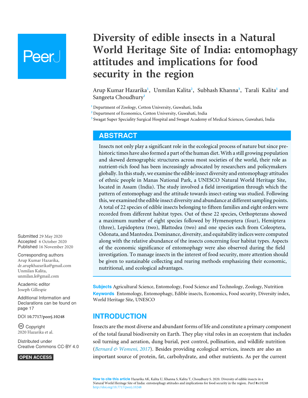 Diversity of Edible Insects in a Natural World Heritage Site of India: Entomophagy Attitudes and Implications for Food Security in the Region