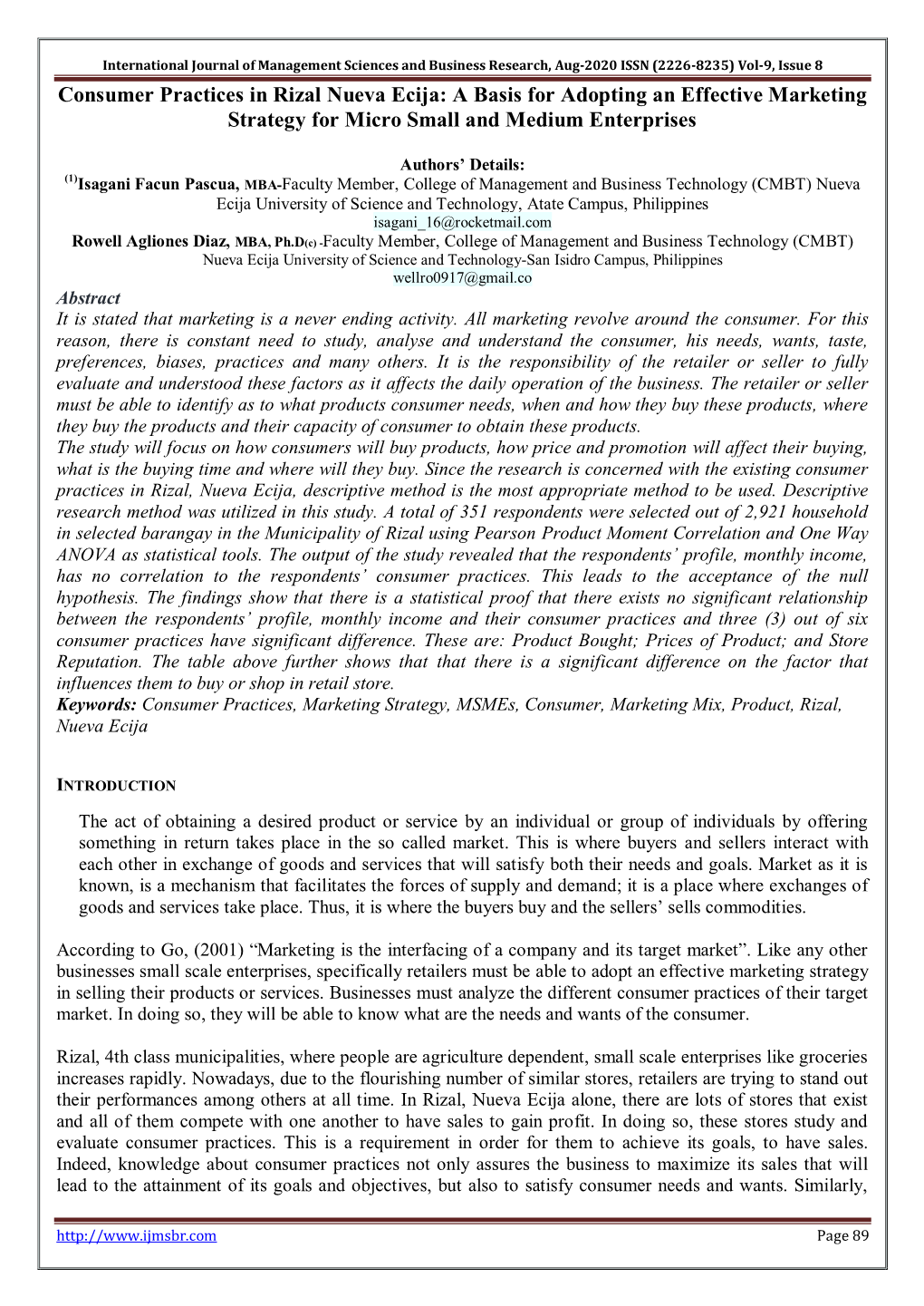 Consumer Practices in Rizal Nueva Ecija: a Basis for Adopting an Effective Marketing Strategy for Micro Small and Medium Enterprises