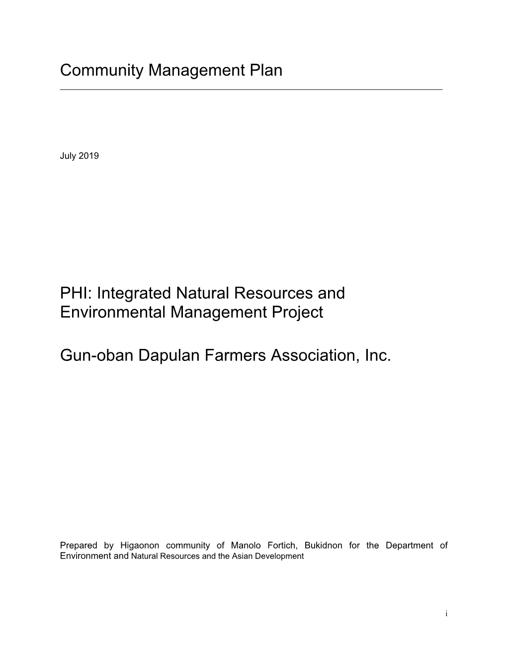 Community Management Plan PHI: Integrated Natural Resources And