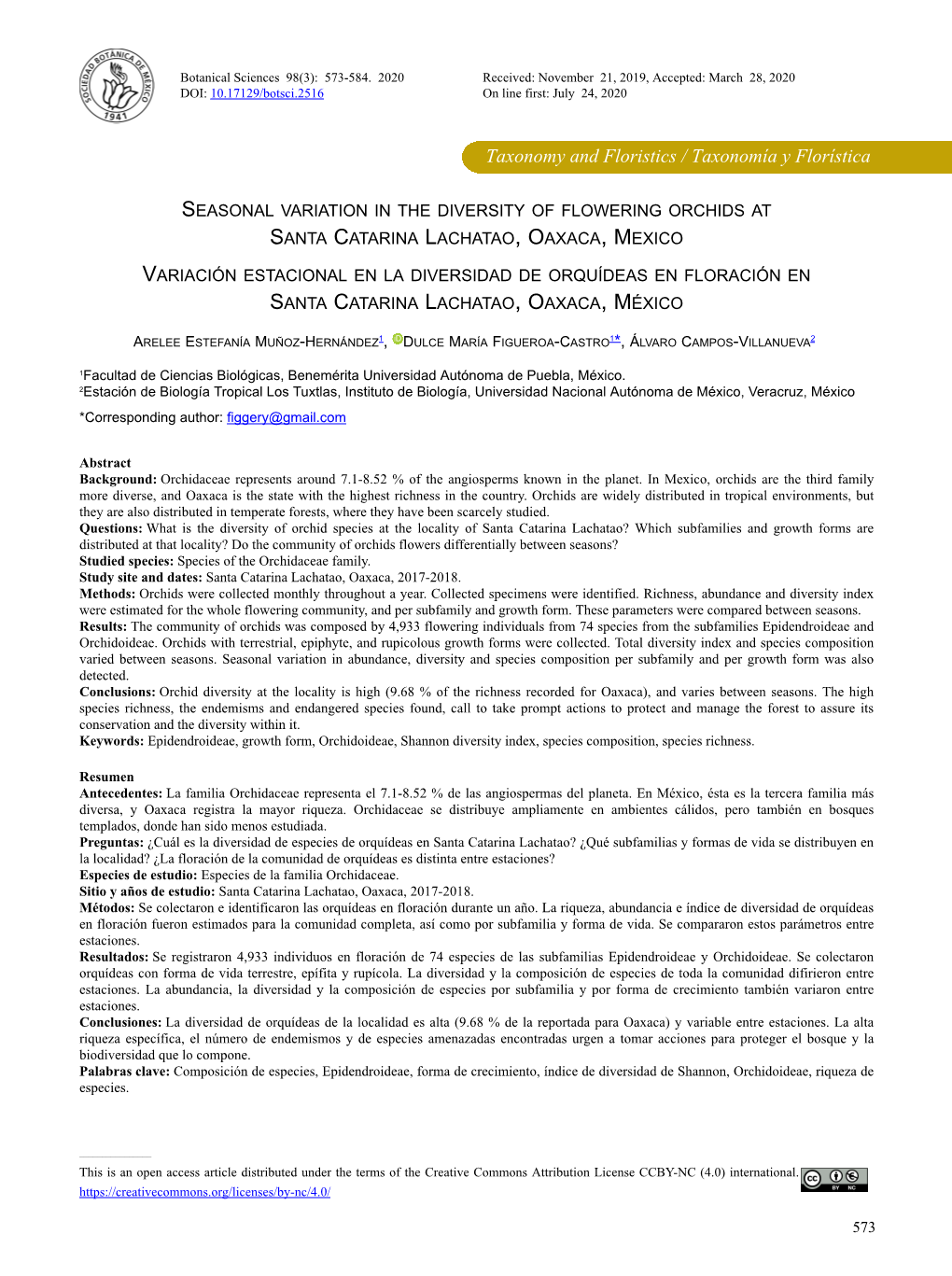 Seasonal Variation in the Diversity of Flowering Orchids at Santa Catarina Lachatao, Oaxaca, Mexico