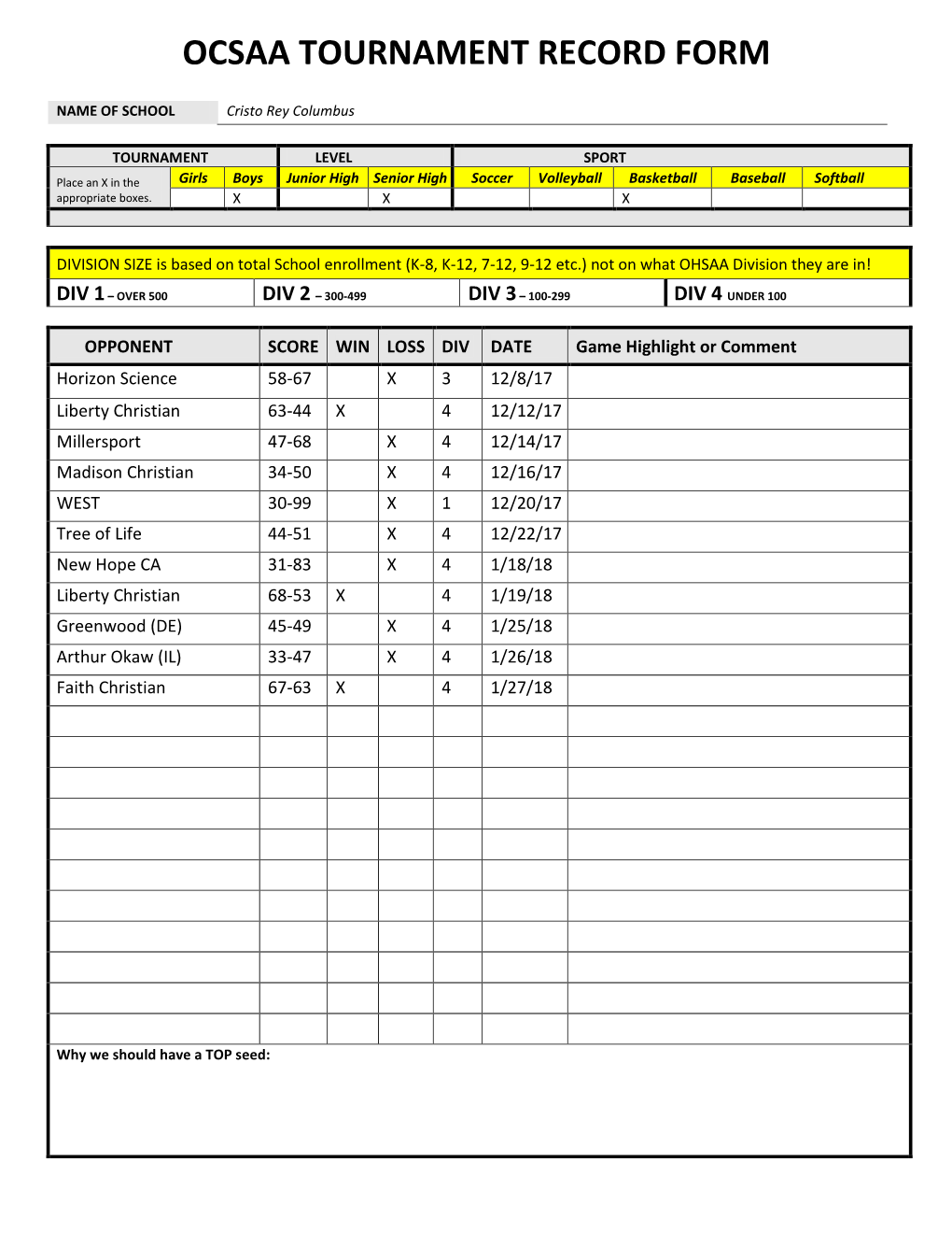 Ocsaa Tournament Record Form