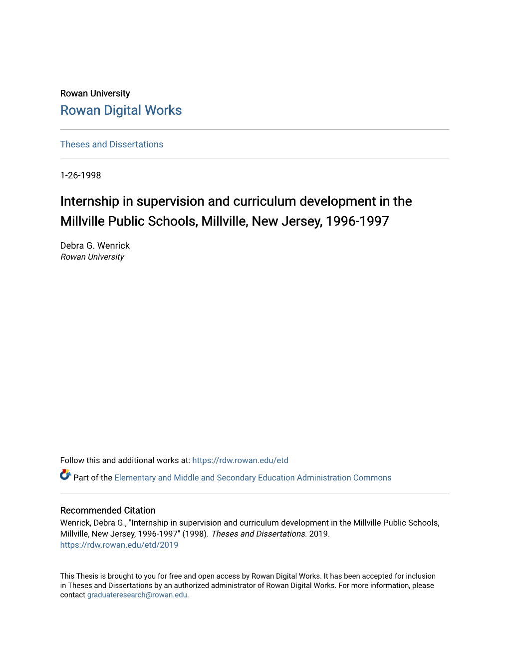 Internship in Supervision and Curriculum Development in the Millville Public Schools, Millville, New Jersey, 1996-1997