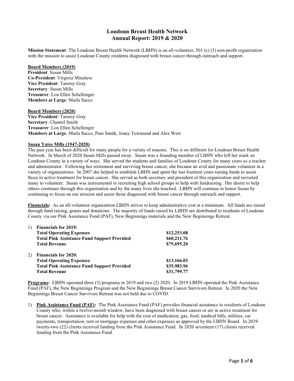 Loudoun Breast Health Network Annual Report: 2019 & 2020