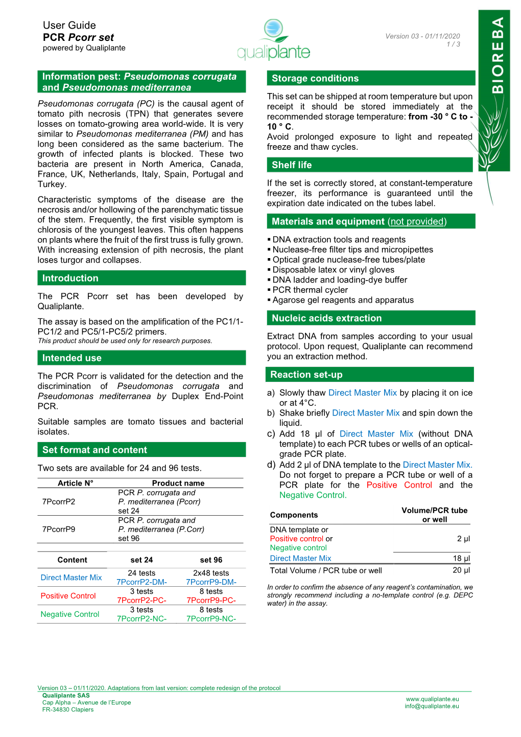 User Guide PCR Pcorr Set Version 03 - 01/11/2020 Powered by Qualiplante 1 / 3