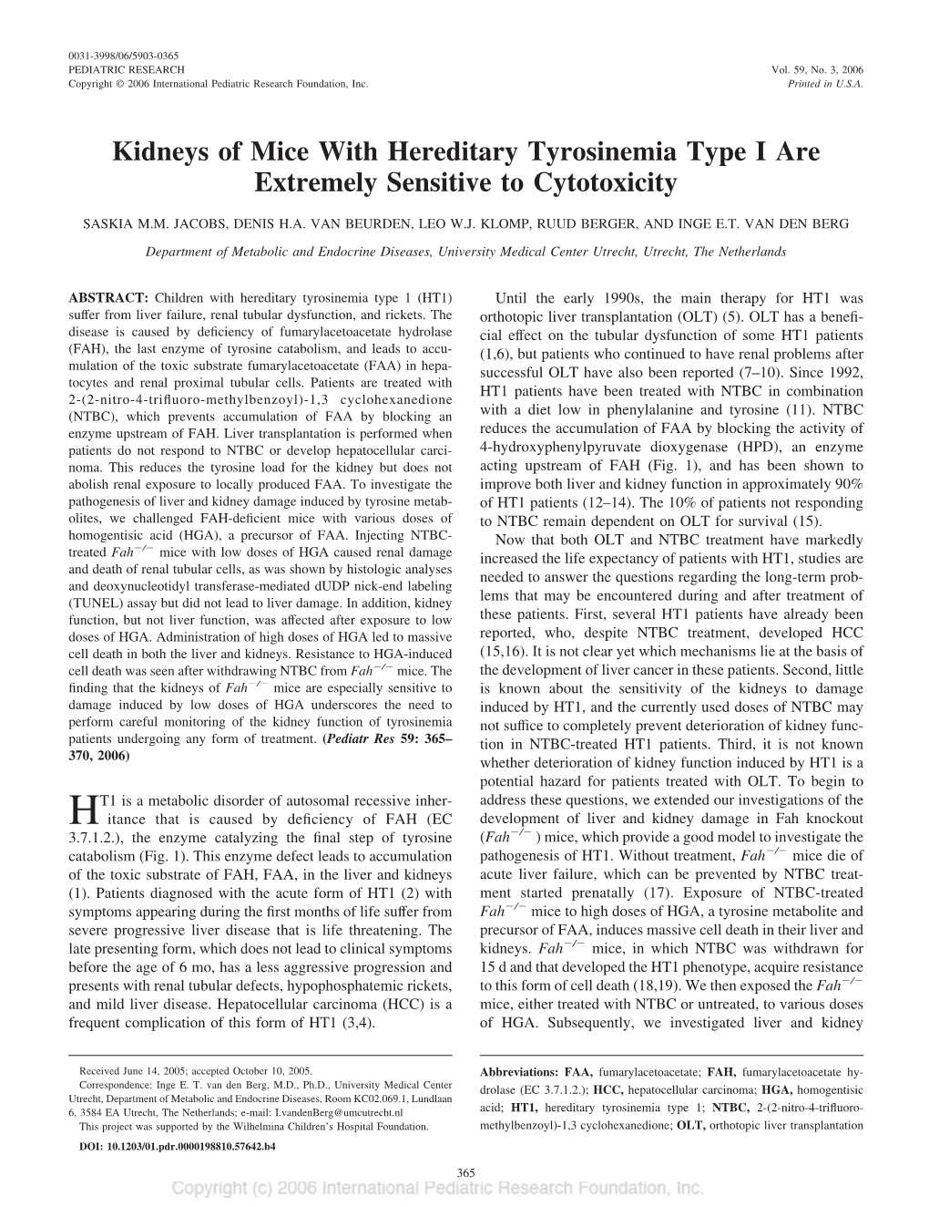 Kidneys of Mice with Hereditary Tyrosinemia Type I Are Extremely Sensitive to Cytotoxicity