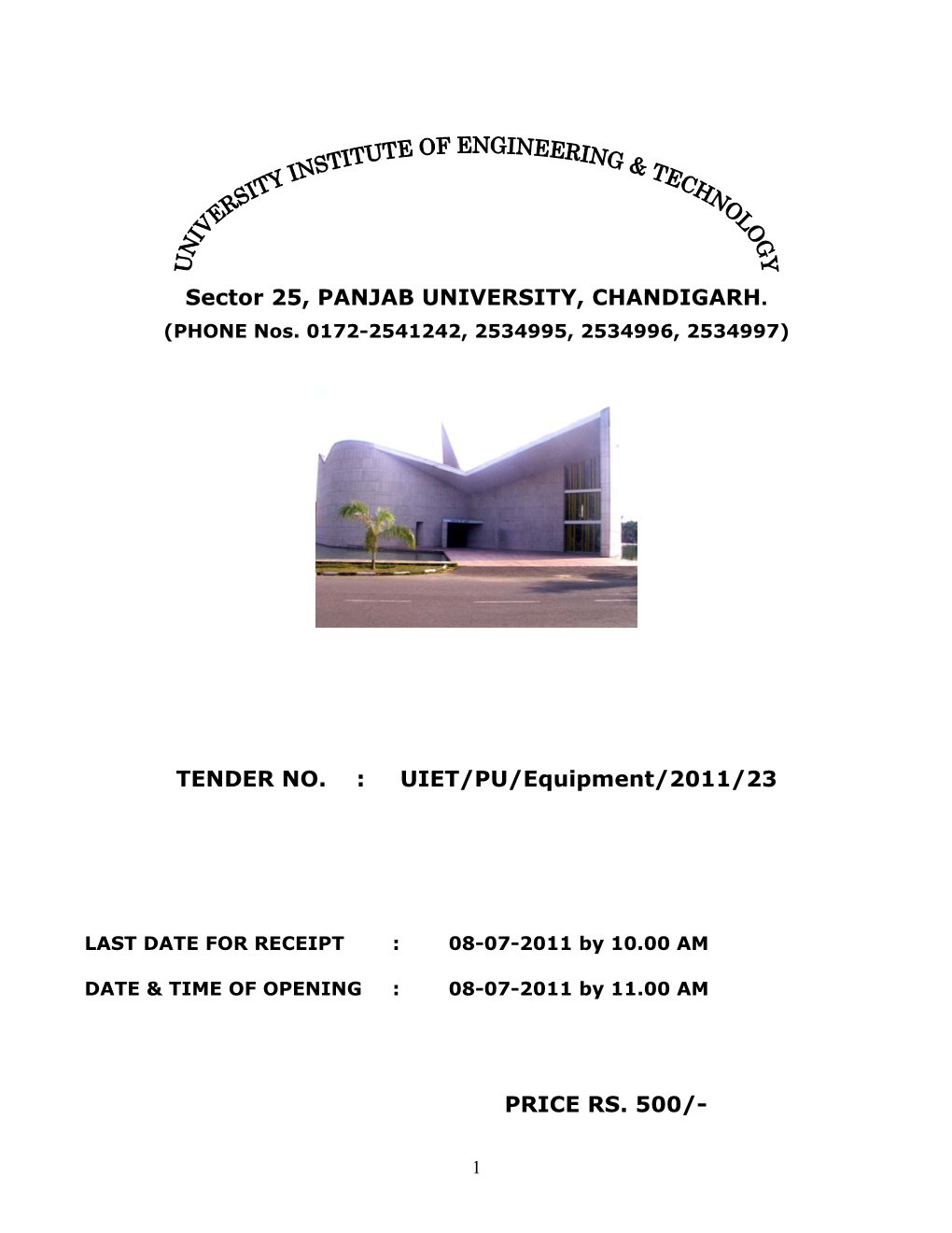 Sector 25, PANJAB UNIVERSITY, CHANDIGARH. TENDER NO