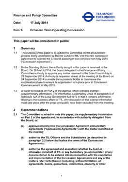Crossrail Train Operating Concession This Paper Will Be Considered In