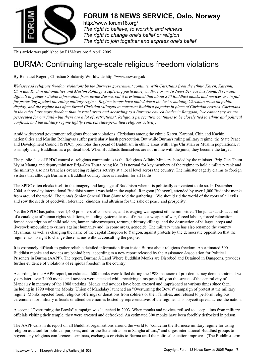 BURMA: Continuing Large-Scale Religious Freedom Violations