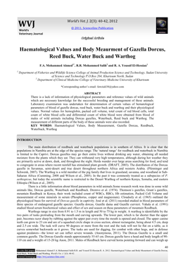 Haematological Values and Body Meaurment of Gazella Dorcus, Reed Buck, Water Buck and Warthog