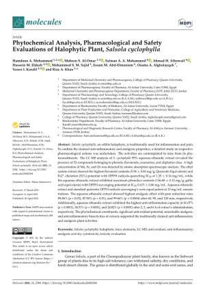 Phytochemical Analysis, Pharmacological and Safety Evaluations of Halophytic Plant, Salsola Cyclophylla