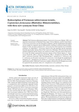 Redescription of Formosan Subterranean Termite, Coptotermes Formosanus (Blattodea: Rhinotermitidae), with Three New Synonyms from China