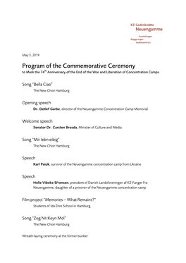 Program of the Commemorative Ceremony to Mark the 74Th Anniversary of the End of the War and Liberation of Concentration Camps