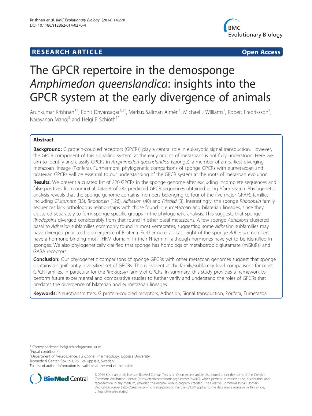 The GPCR Repertoire in the Demosponge