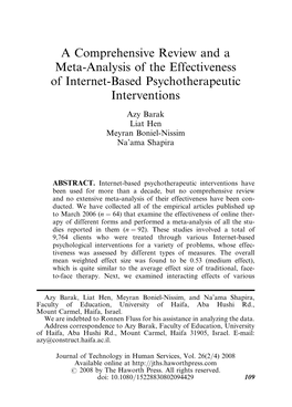 A Comprehensive Review and a Meta-Analysis of the Effectiveness of Internet-Based Psychotherapeutic Interventions