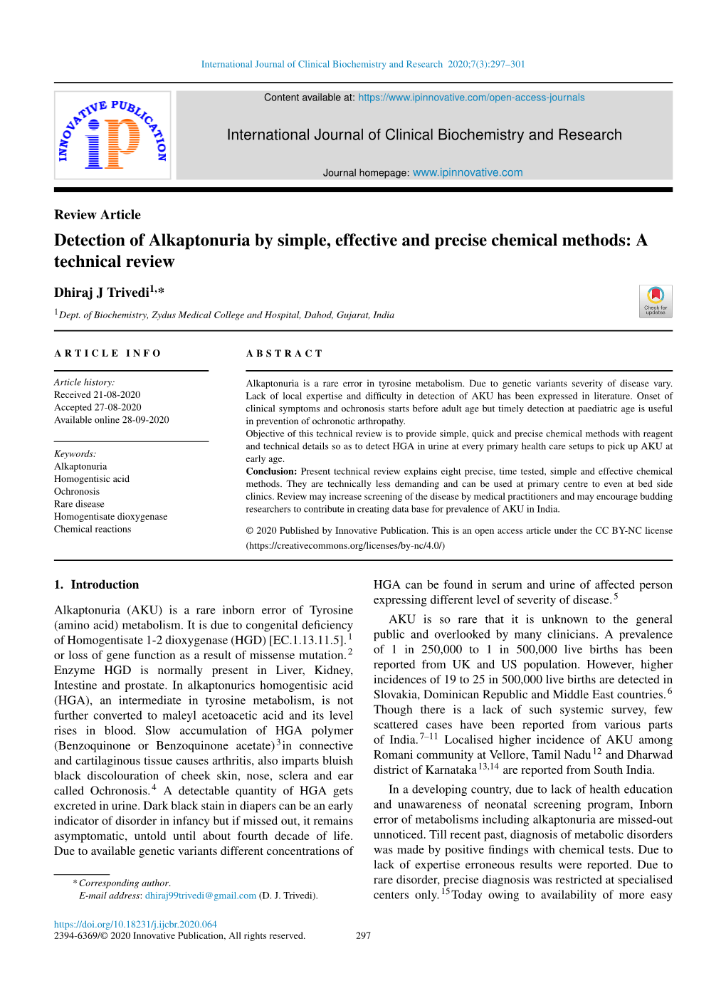 Detection of Alkaptonuria by Simple, Effective and Precise Chemical Methods: a Technical Review