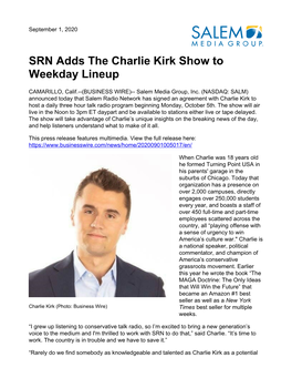 SRN Adds the Charlie Kirk Show to Weekday Lineup