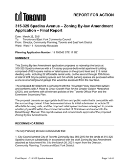 315-325 Spadina Avenue – Zoning By-Law Amendment Application – Final Report