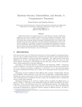 Hardware Security, Vulnerabilities, and Attacks: a Comprehensive Taxonomy∗