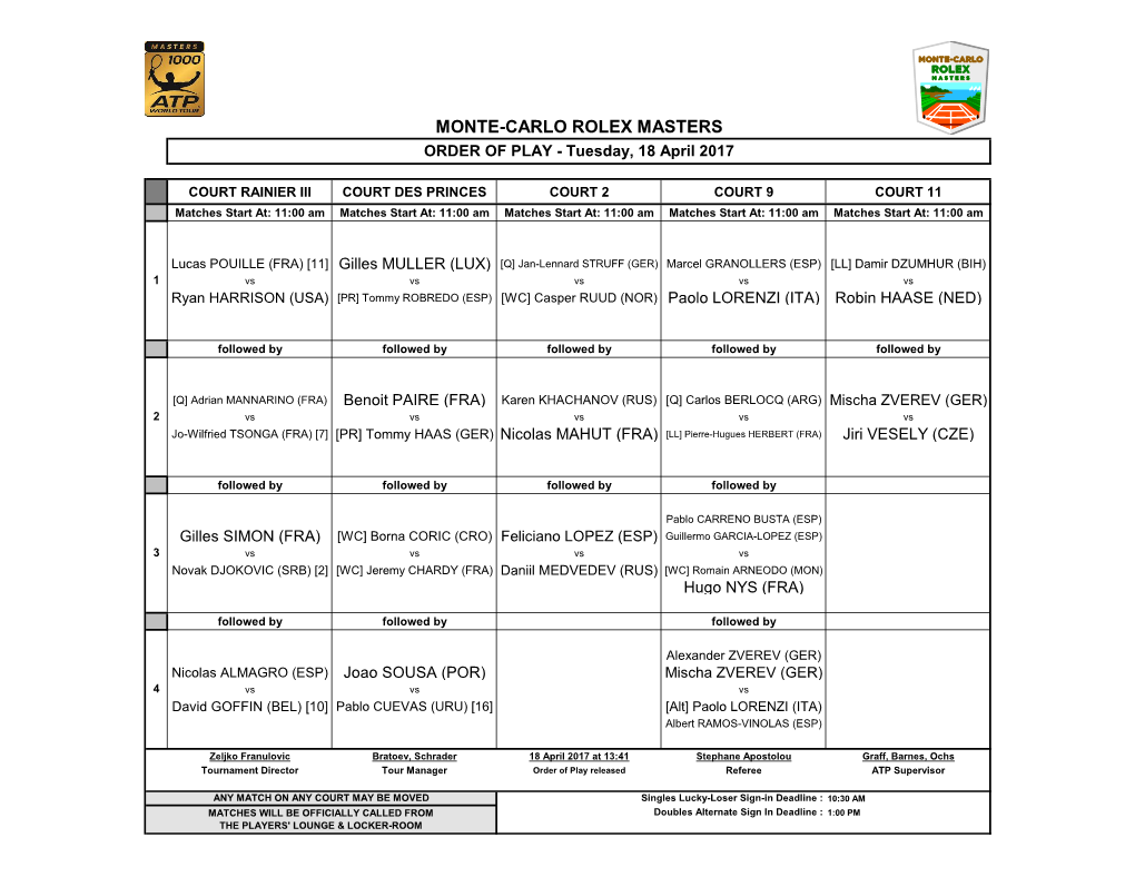 MONTE-CARLO ROLEX MASTERS ORDER of PLAY - Tuesday, 18 April 2017