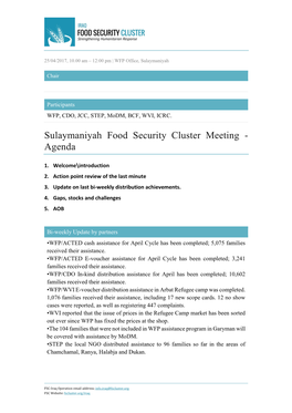 Sulaymaniyah Food Security Cluster Meeting - Agenda