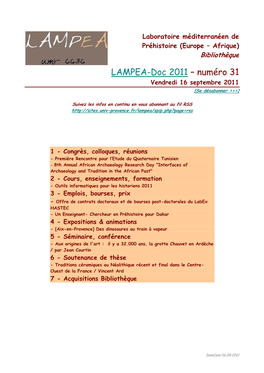LAMPEA-Doc 2011 – Numéro 31 Vendredi 16 Septembre 2011 [Se Désabonner >>>]