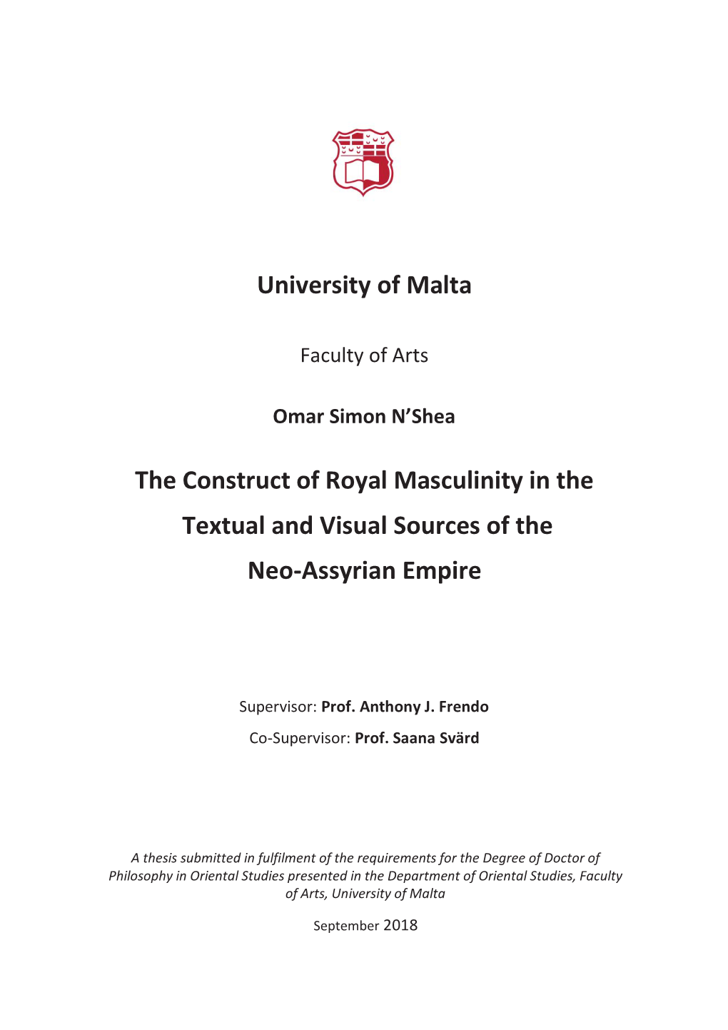 University of Malta the Construct of Royal Masculinity in the Textual