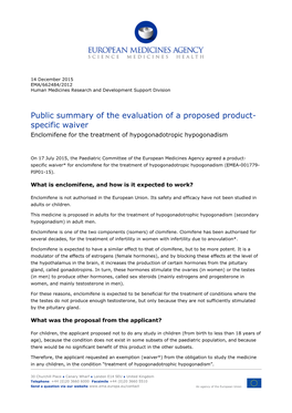 Public Summary of the Evaluation of a Proposed Product-Specific Waiver EMA/662484/2012 Page 2/3