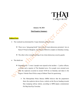 January 18, 2021 Thai Enquirer Summary Political News • The