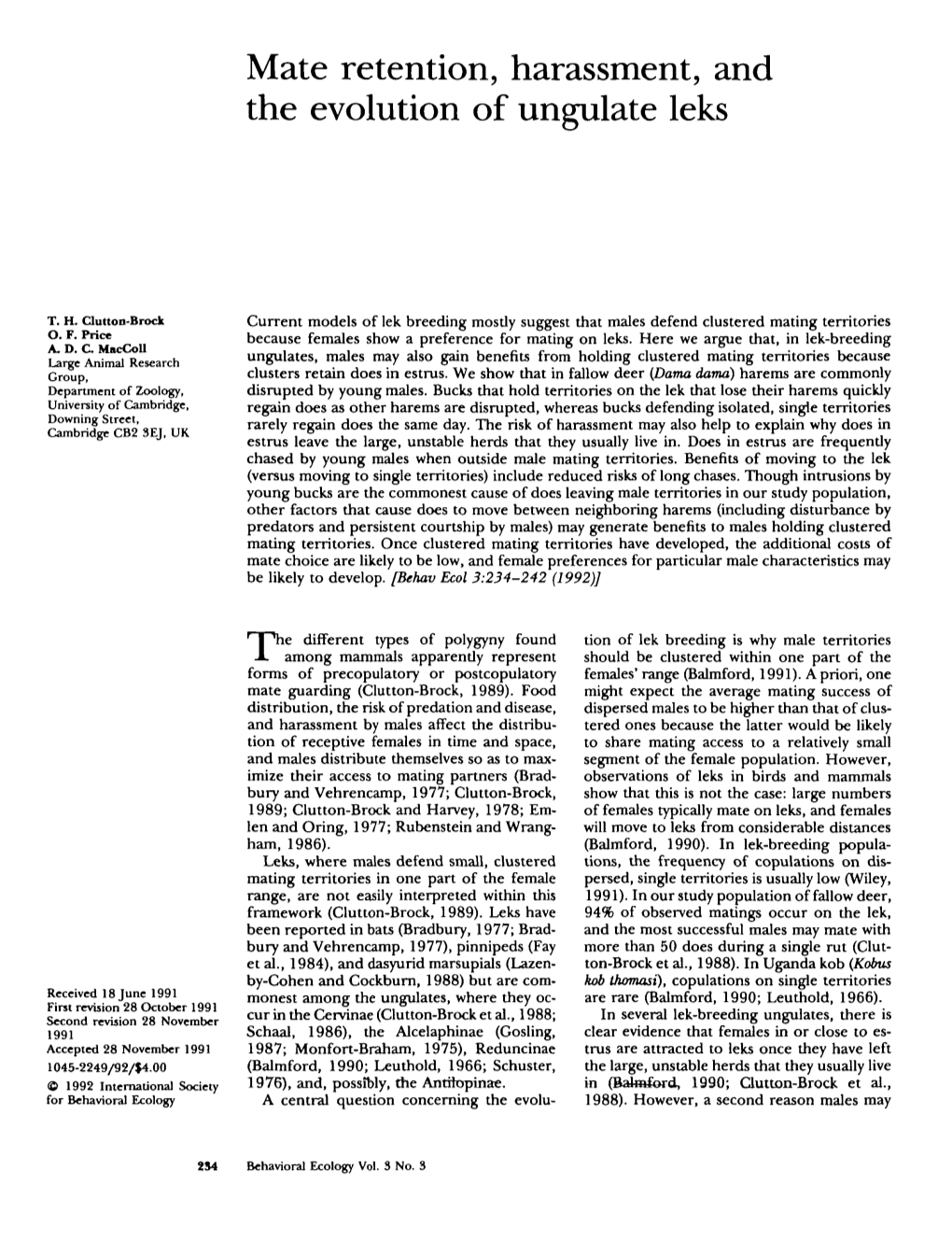 Mate Retention, Harassment, and the Evolution of Ungulate Leks