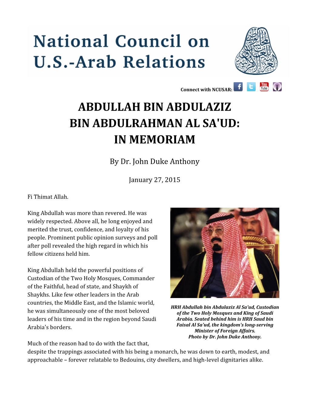 King Abdullah Bin Abdulaziz Al Sa'ud: in Memoriam Page 2 of 9 Government Spending, Or 10 Percent of Its GDP