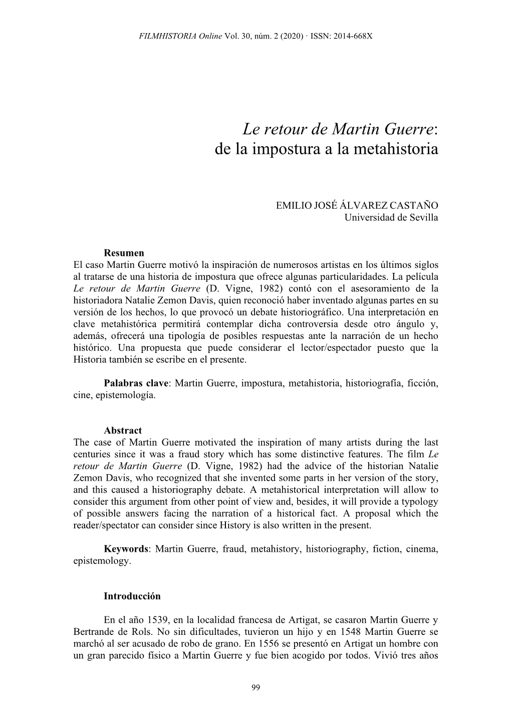 Le Retour De Martin Guerre: De La Impostura a La Metahistoria