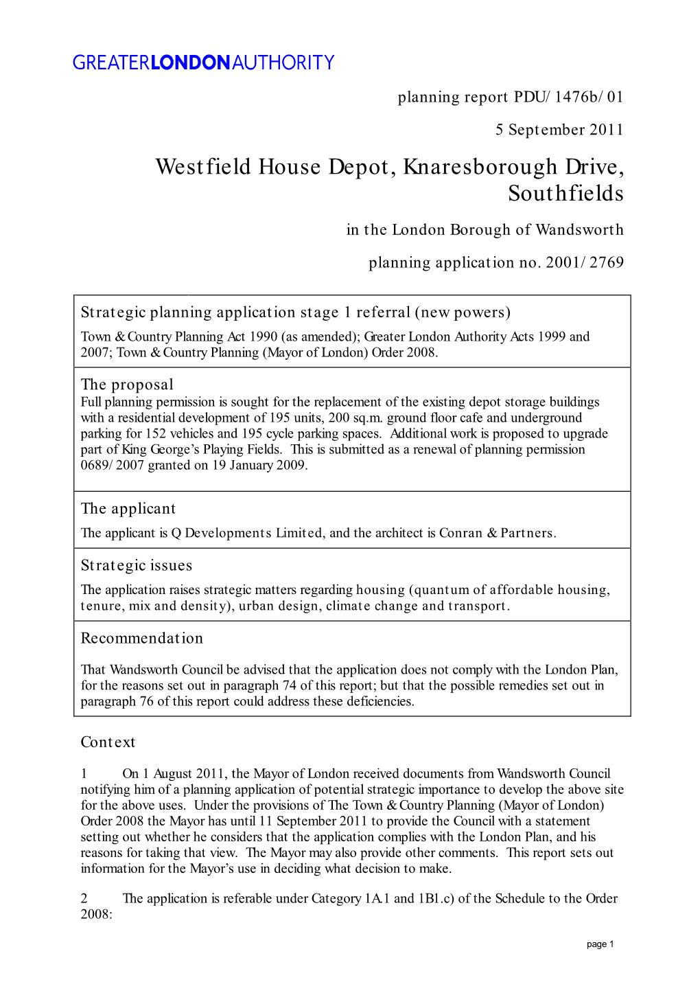 Westfield House Depot, Knaresborough Drive, Southfields in the London Borough of Wandsworth Planning Application No