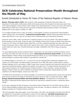 DCR Celebrates National Preservation Month Throughout the Month of May Events Scheduled to Honor 50 Years of the National Register of Historic Places