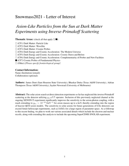 Letter of Interest Axion-Like Particles from the Sun at Dark Matter