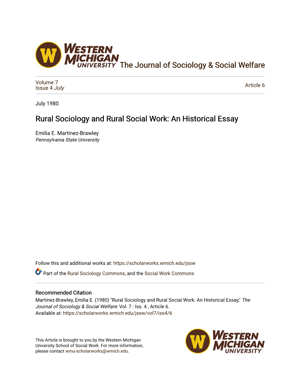 Rural Sociology and Rural Social Work: an Historical Essay