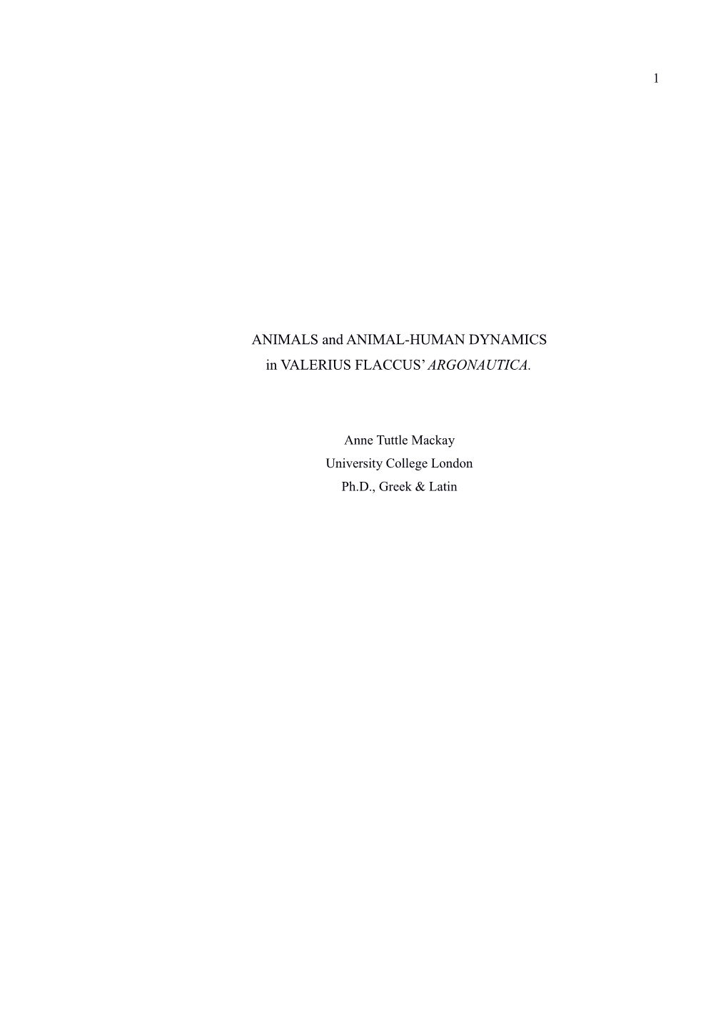 ANIMALS and ANIMAL-HUMAN DYNAMICS in VALERIUS FLACCUS' ARGONAUTICA