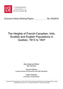 The Heights of French-Canadian, Irish, Scottish and English Populations in Quebec, 1813 to 1847