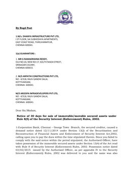 Notice of 30 Days for Sale of Immovable/Movable Secured Assets Under Rule 8(5) of the Security Interest (Enforcement) Rules, 2002