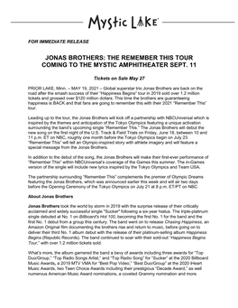 Jonas Brothers: the Remember This Tour Coming to the Mystic Amphitheater Sept