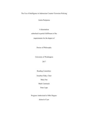 The Use of Intelligence in Indonesian Counter-Terrorism Policing Amira Paripurna a Dissertation Submitted in Partial Fulfillment