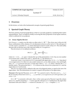 Lecture 17 1 Overview 2 Spectral Graph Theory