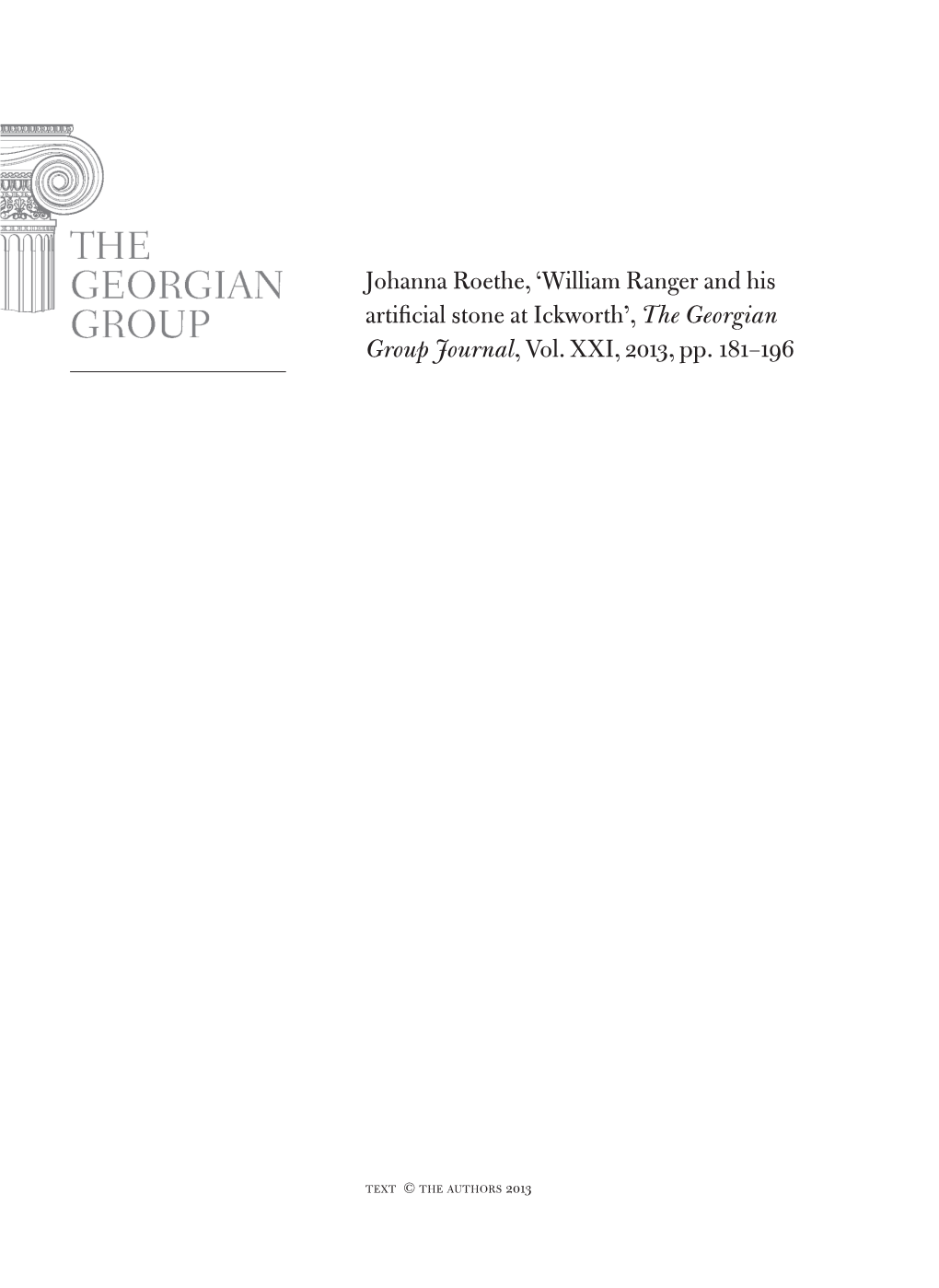 Johanna Roethe, 'William Ranger and His Artificial Stone at Ickworth', the Georgian Group Journal, Vol. Xxi, 2013, Pp