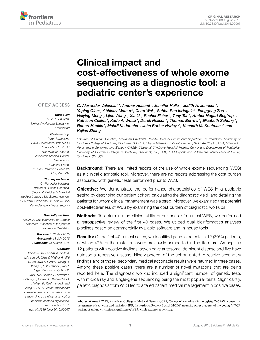 Clinical Impact and Cost-Effectiveness of Whole Exome Sequencing As a Diagnostic Tool: a Pediatric Center’S Experience