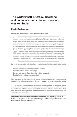 The Writerly Self: Literacy, Discipline and Codes of Conduct in Early Modern Western India