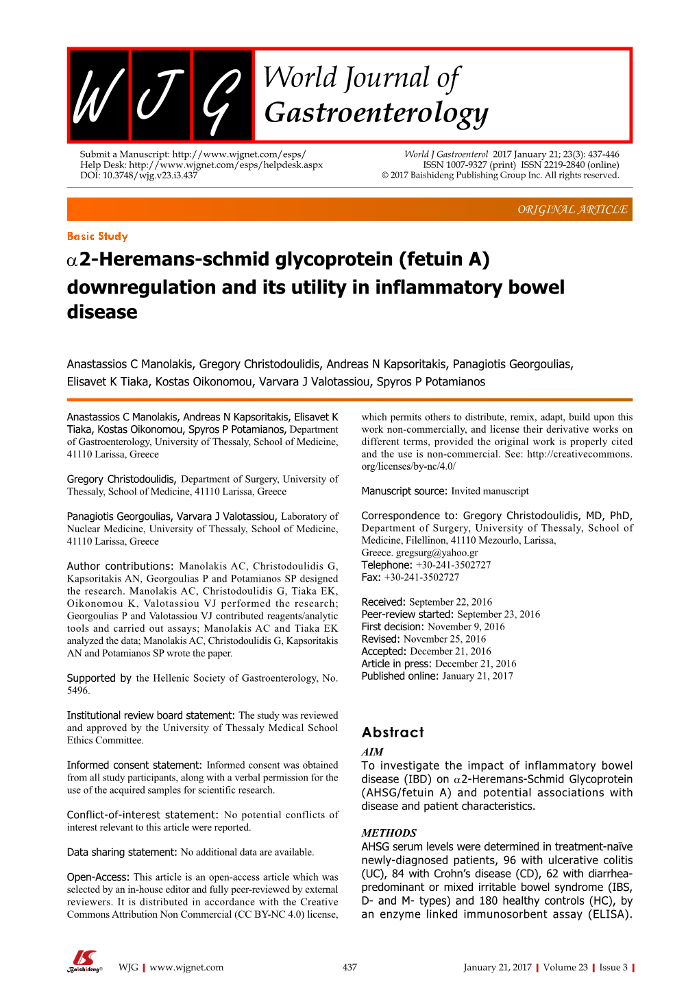 (Fetuin A) Downregulation and Its Utility in Inflammatory Bowel Disease