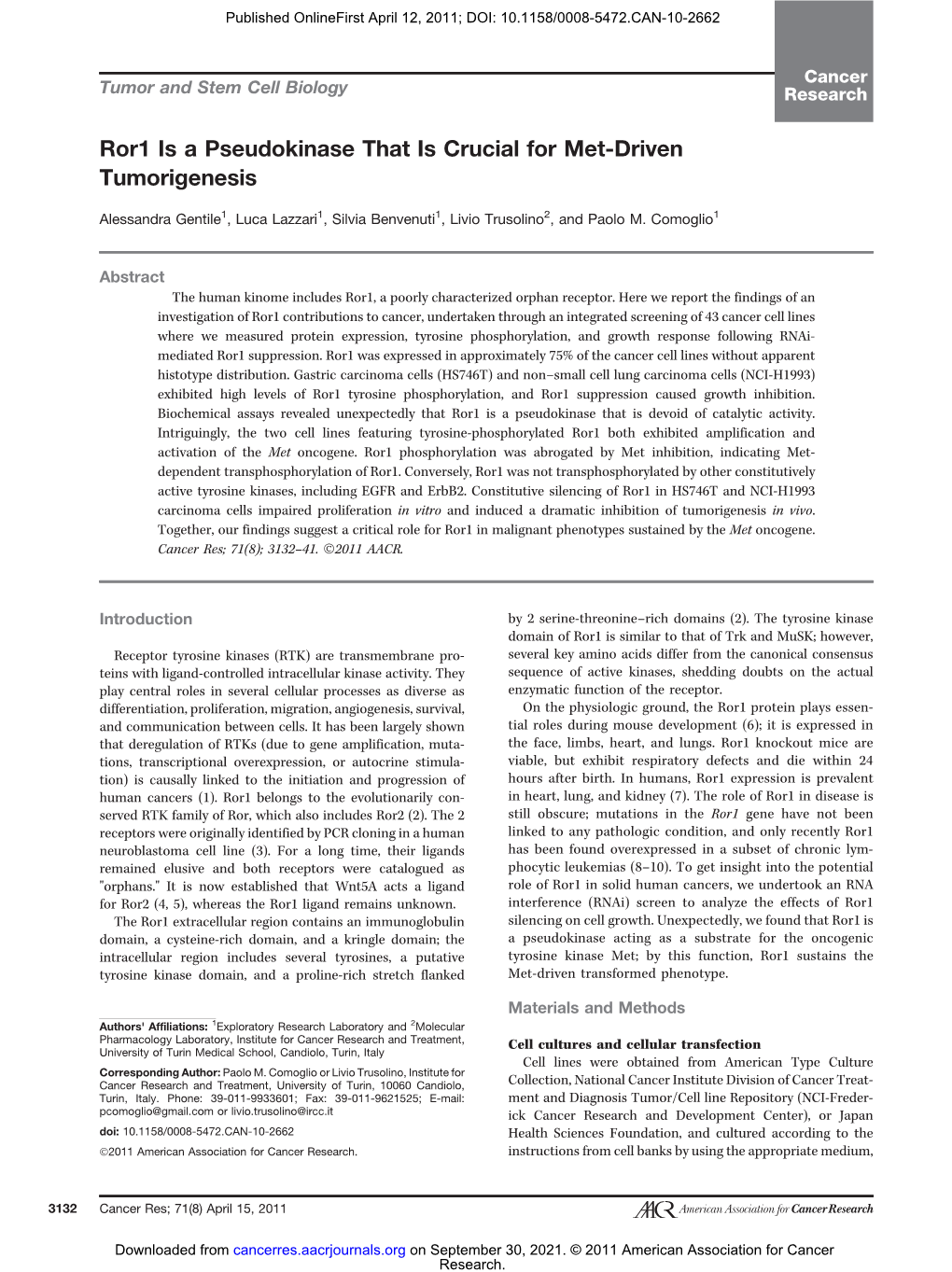 Ror1 Is a Pseudokinase That Is Crucial for Met-Driven Tumorigenesis