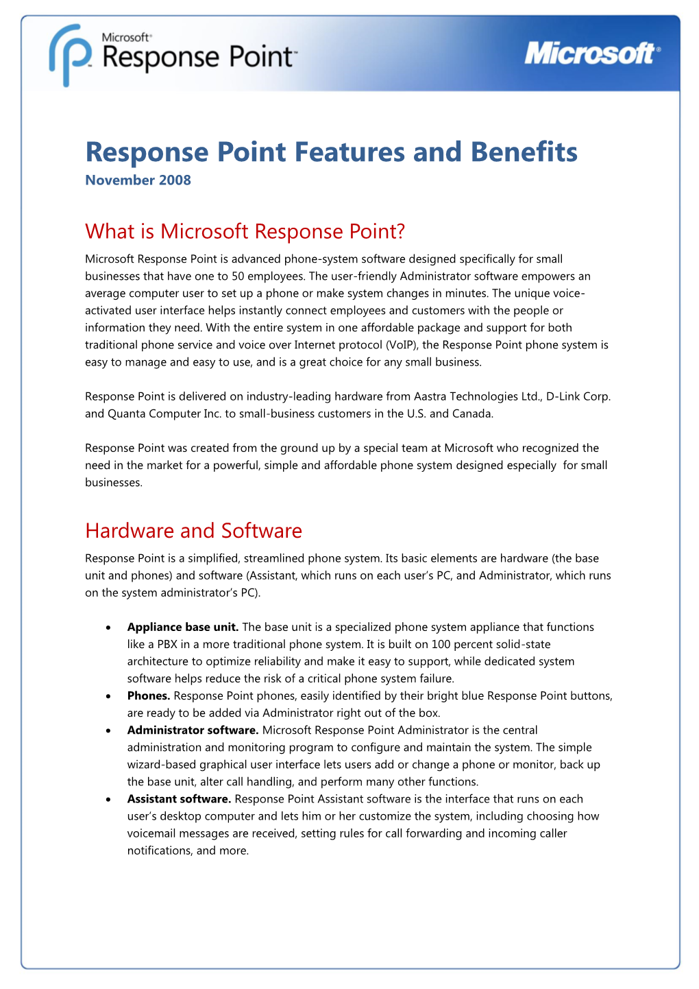 Response Point Features and Benefits November 2008