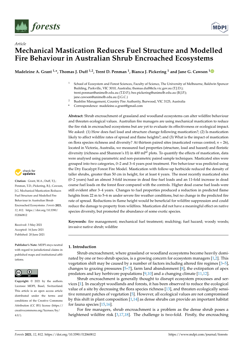 Mechanical Mastication Reduces Fuel Structure and Modelled Fire Behaviour in Australian Shrub Encroached Ecosystems